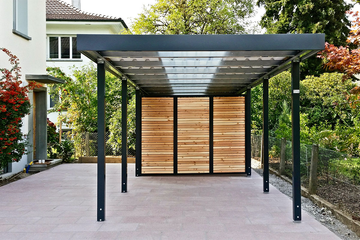Carport-Flachdach-Metall-02 Transparente Dachbahn. Polycarbonat, klar, UV-beständig, hagelresistent, Breite der Dachbahn max. 940 mm (Lichtöffnung). Max. Schneelast 125kg/m².